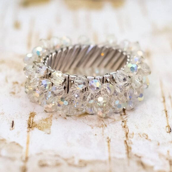 6 inch, Vintage Clear Beads Silver Tone Intricate Bracelet - B18 - Picture 1 of 3